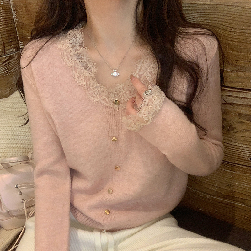 Pink V-Neck Sweater Women's Autumn and Winter Gentle Lace Base Shirt Inner Wearing Unique Super-Nice Knitted Top