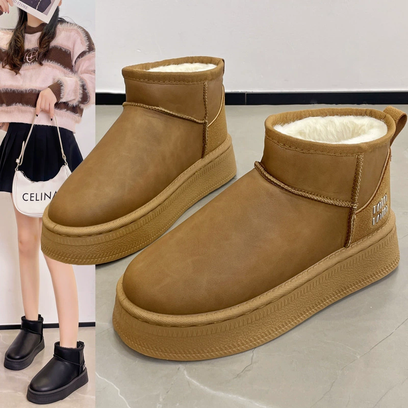 Женские зимние ботинки на толстой подошве, новинка 2025 года, короткие ботинки, модные повседневные теплые ботинки из кожи и меха.