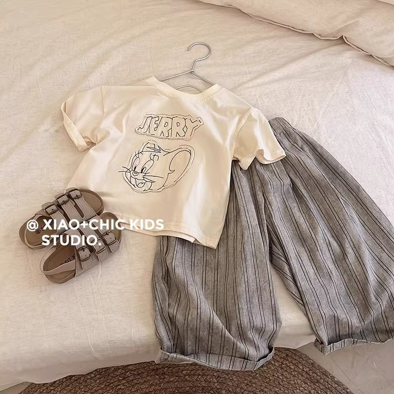 トムとジェリーかわいい刺繍綿男の子夏服子供半袖夏 2025 新しい子供服ベビー Tシャツ|undefined