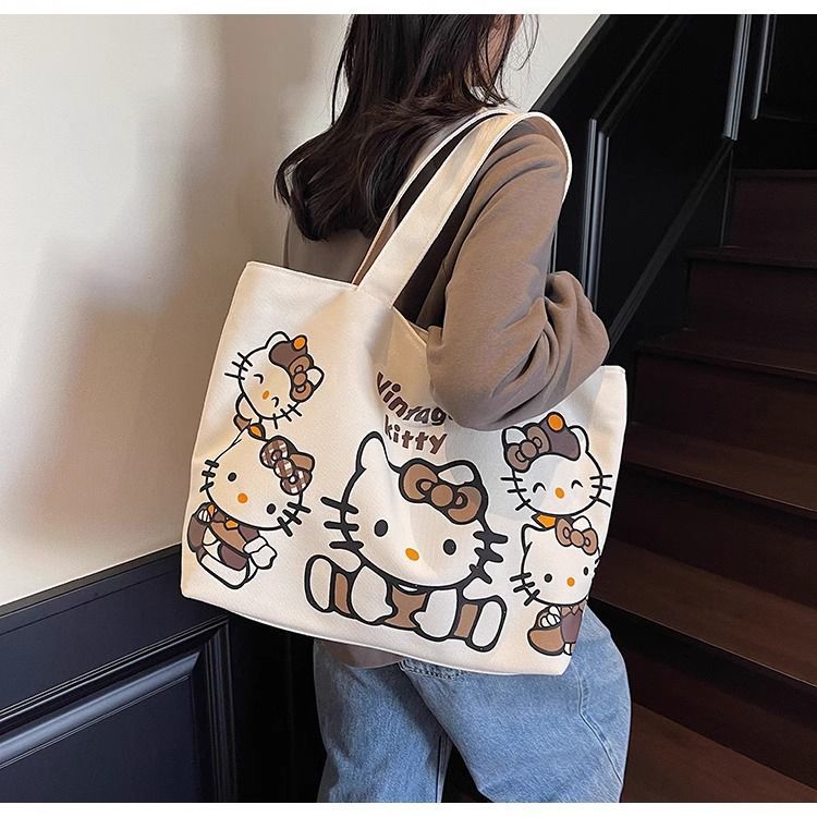 Cartoon canvas single-shoulder bag, women's large-capacity commuter tote bag, Spring/Summer 2025, cute cat tote bag, cross-border undefined