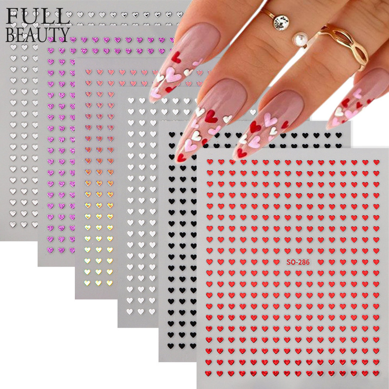 Cross-Border New Nail Art Stickers Ins Mini Heart Peach Heart Silver Colorful Laser Adhesive Nail Sticker Set