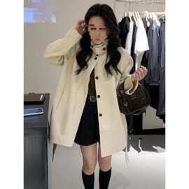 韩系甜美减龄粉色毛呢外套女2026秋冬新款大码胖mm温柔风开衫上衣