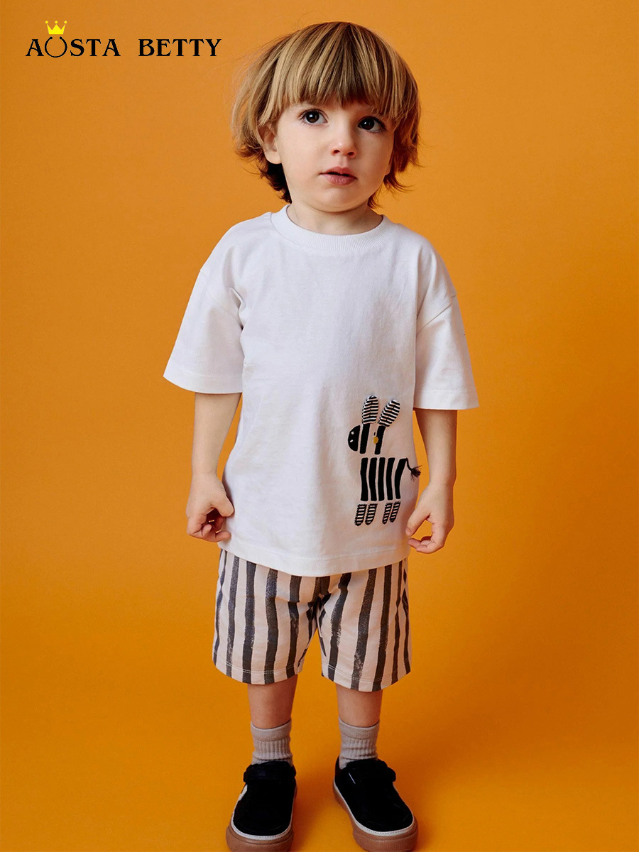 Traje de manga corta para niños de verano transfronterizo Camiseta de cuello redondo para niños impresa de moda Conjunto de pantalones cortos para niños de punto de 2 piezas