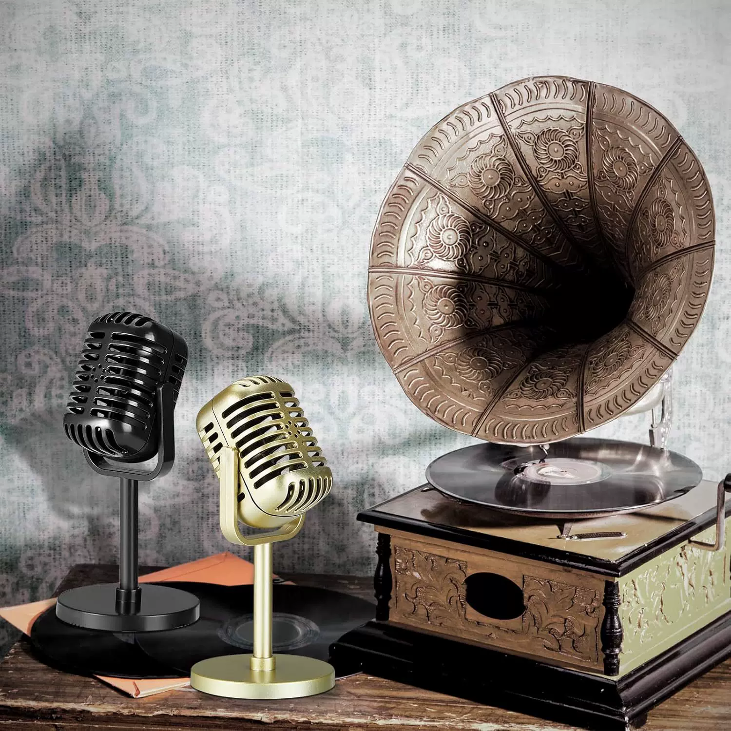 桌面假话筒仿真复古可升降老式麦克风模型影楼拍照装饰小摆件道具