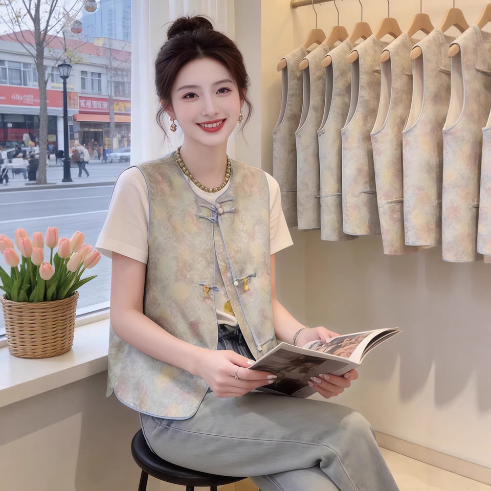 Áo gile nữ không tay dáng ngắn dệt jacquard thêu nổi, cổ tròn một hàng cúc — Áo gile dệt jacquard chi tiết 1