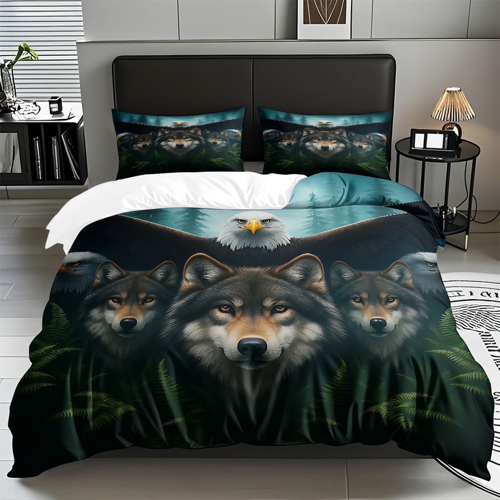 TEMU / JIT adaptado al patrón de lobo impresión digital set edredón molido textil transpirable para dibujar puede hacer