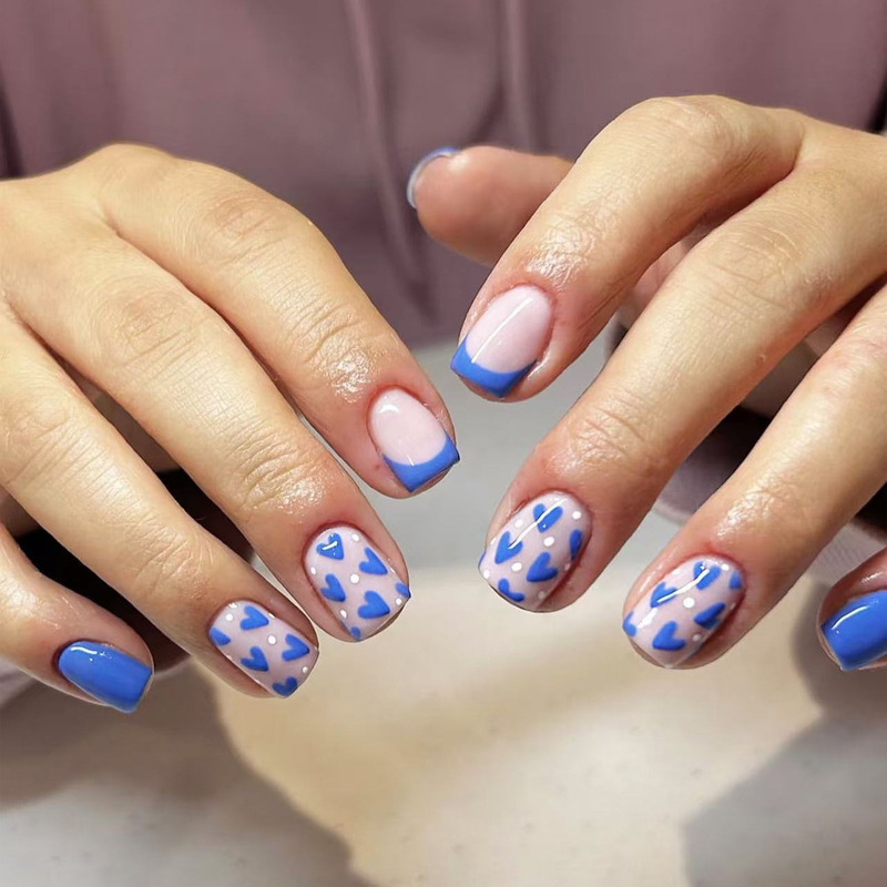 Blue Short Square Wave Point Love Design French Wear Nail Art Patch Valentine's Day Nail Pressing Nail Art Cross Border