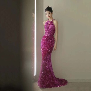 Dragon Fruit Color Dinner Dress 2025 New Sequined Fishtail Bride Wedding Toast Backless Party Evening Dress