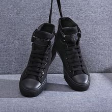 全黑色高帮帆布鞋女学生鞋潮板鞋黑色休闲平底透气单鞋工作鞋球鞋