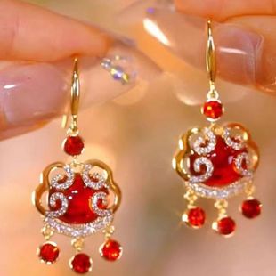 Zircon earrings Xiangyun Ping An Lock Earrings Feminine Fashion Chinese Style Red Xiangyun Ping An Lock Ear Hooks Festive