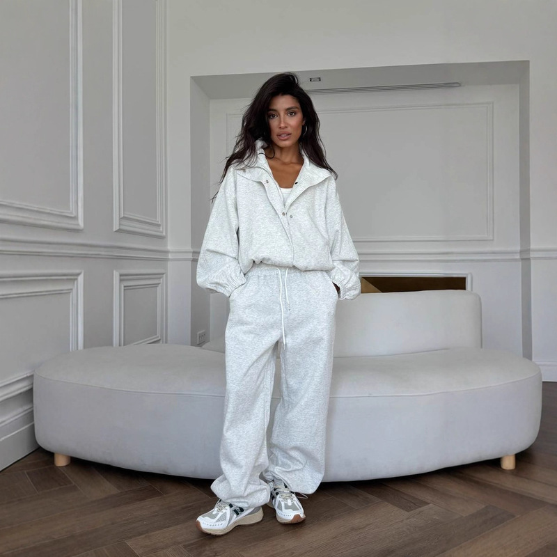 Aliexpress Jacket Two-Piece Set for Women, Autumn and Winter Style, Gray 2025 New Model, European and American Solid Color Loose Pants Set