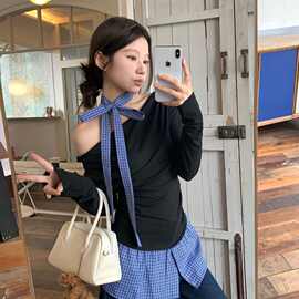假两件露肩格纹拼接长袖T恤女秋季气质小众辣妹修身显瘦上衣ins潮