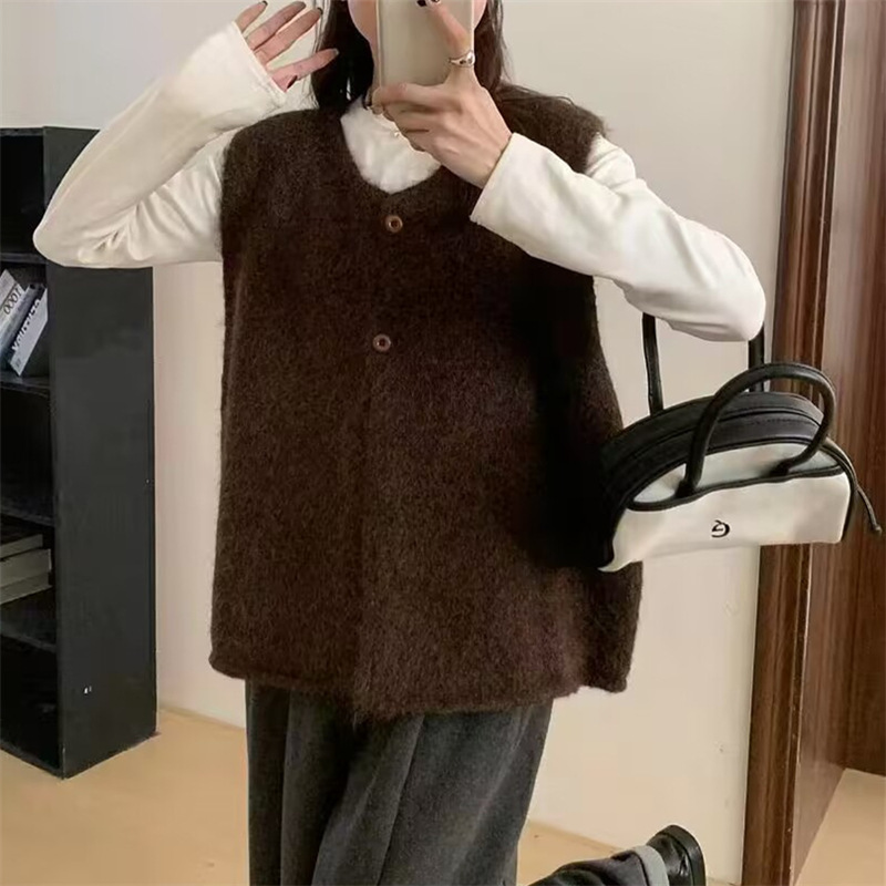 韩版复古百搭简约风无袖毛衣马甲女春秋季新款宽松叠穿针织背心女|undefined