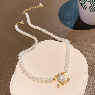 2024 New Style Simple Light Luxury Chanel Pearl Flash Diamond Necklace Necklace Women's All-match Elegant Fashion