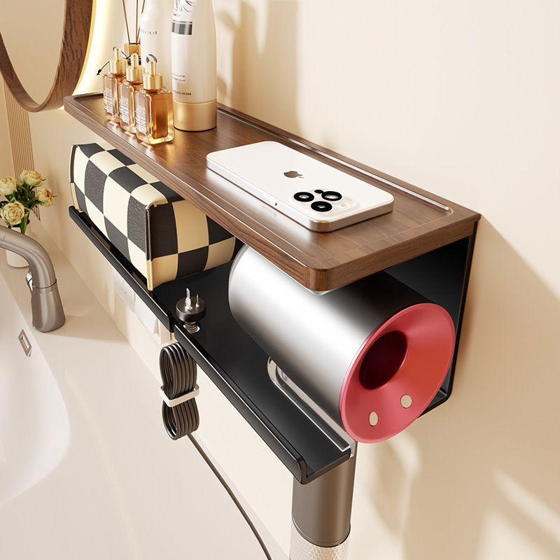 胡桃木吹风机置物架卫生间浴室洗脸巾一体洗漱台免打孔手纸盒支架
