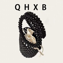 欧美网红气质镂空纯手工串珠珍珠圆环手提水桶包时尚百搭休闲风包