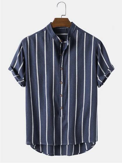 Cross-border exclusive for AliExpress Amazon simple fashion striped men stand collar youth short sleeve shirt men