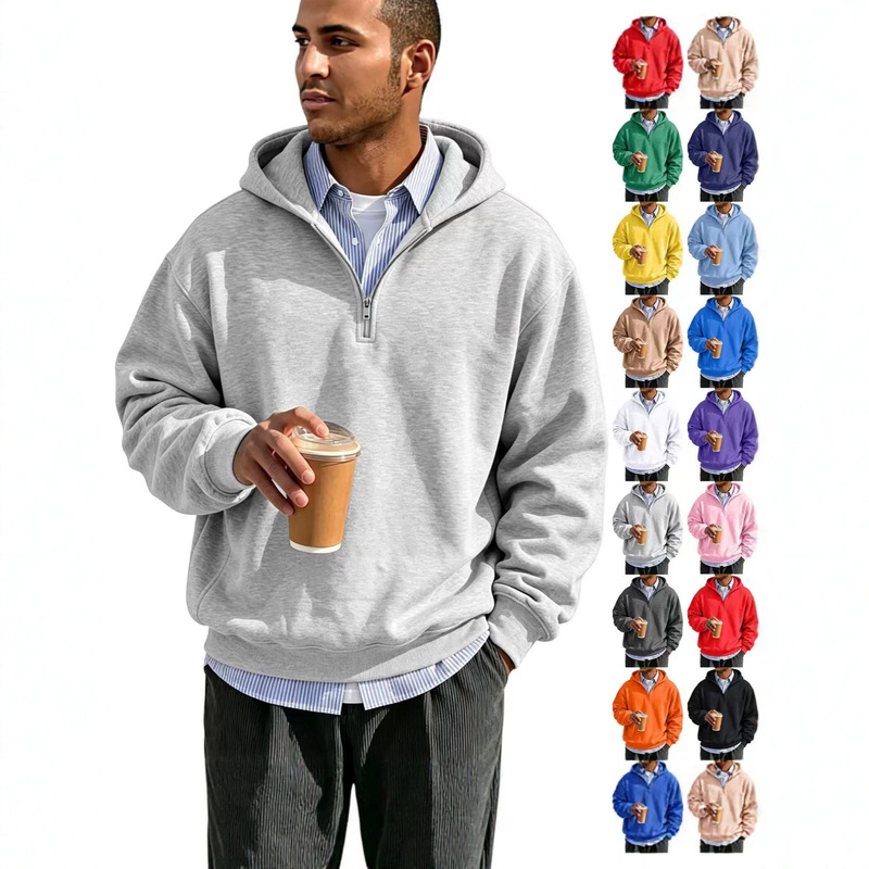 Men's half-zip hooded sweatshirt, multi-color, drop-shoulder, loose-fit hoodie, spring/autumn solid-color casual pullover sweatshirt, outerwear