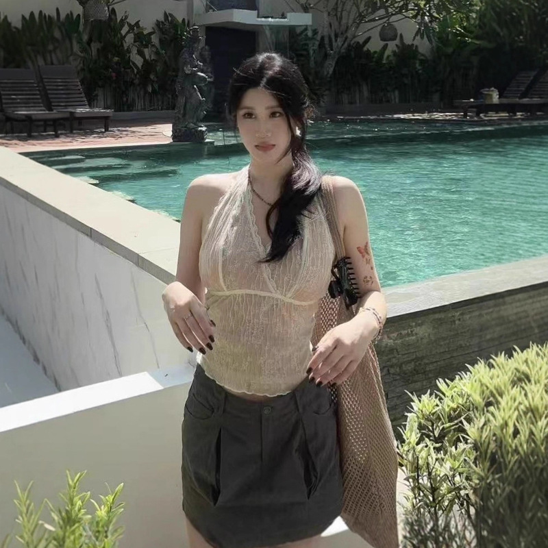 Versatile Vest in Nude Color with a Pure and Alluring Style, Unique and Elegant V-Neck Lace T-Halter Top with Lining, Mermaid Style Versatile Vest in Nude Color with a Pure and Alluring Style, Unique and Elegant V-Neck Lace T-Halter Top with Lining, Mermaid Style