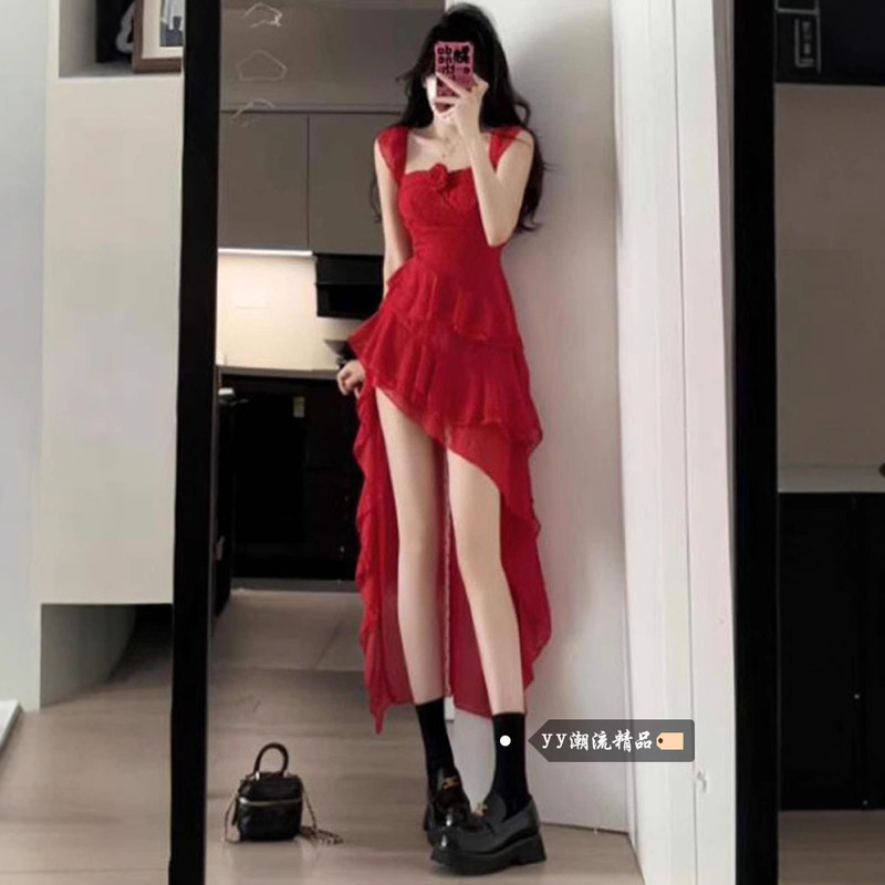 Dopamine Waist Skirt Seaside Wear Holiday Style Long Skirt Children's Summer Irregular Waist Red Trailing dress Dopamine Waist Skirt Seaside Wear Holiday Style Long Skirt Children's Summer Irregular Waist Red Trailing dress