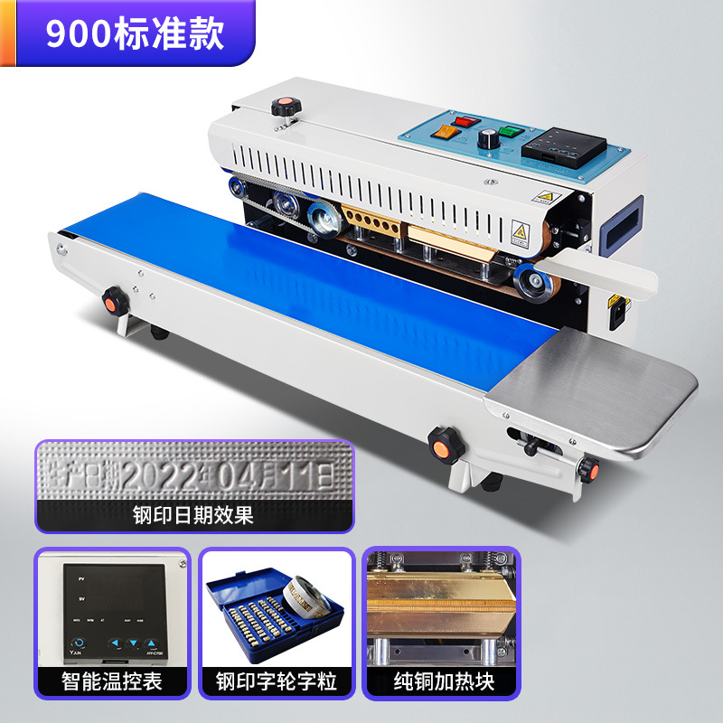 Máquina de sellado continuo automático para bolsas de aluminio comerciales de té, bolsas de papel y plástico, máquina de sellado térmico, fecha de impresión de acero, fecha de impresión de tinta