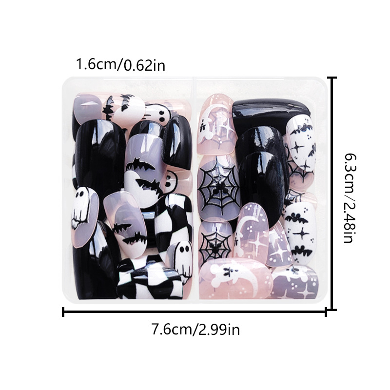 Halloween False Nails Spider Web Bat Ghost Print Oval Shape 48pcs_voghion.com