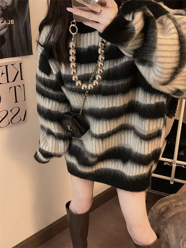 宽松慵懒风条纹休闲软糯上衣复古撞色中长款打底针织衫毛衣女秋冬|undefined