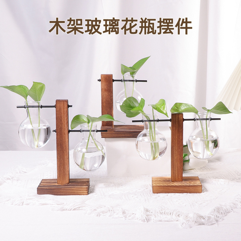 Creative Hydroponic Plant Transparent Wooden Stand Glass Vase Desktop Small Fresh Container Living Room Modern Decorations Ornaments