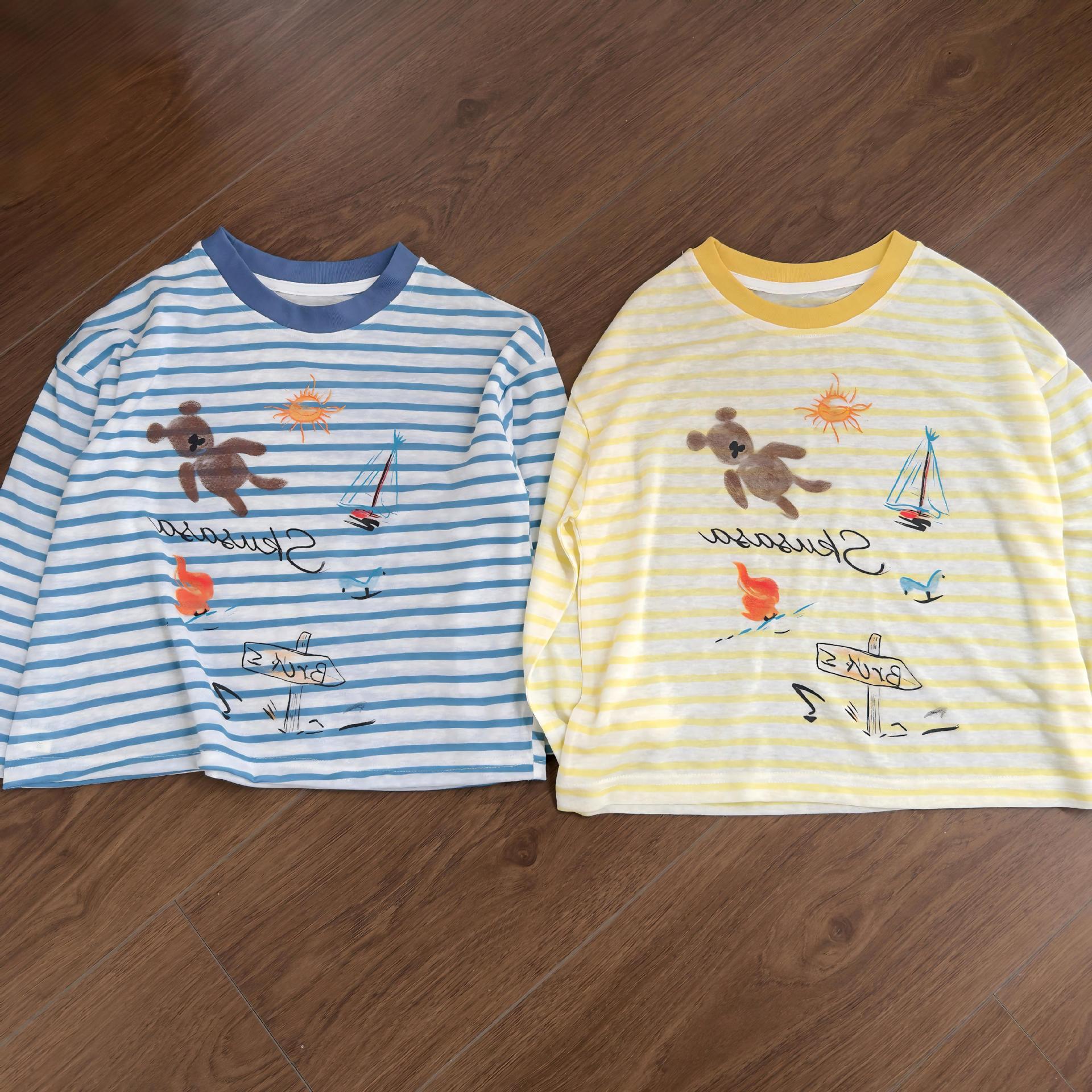 Spring and Summer New Style Children's Korean-Style Striped Sun-Protective Top for Girls and Boys, Stylish Cartoon Print Pullover