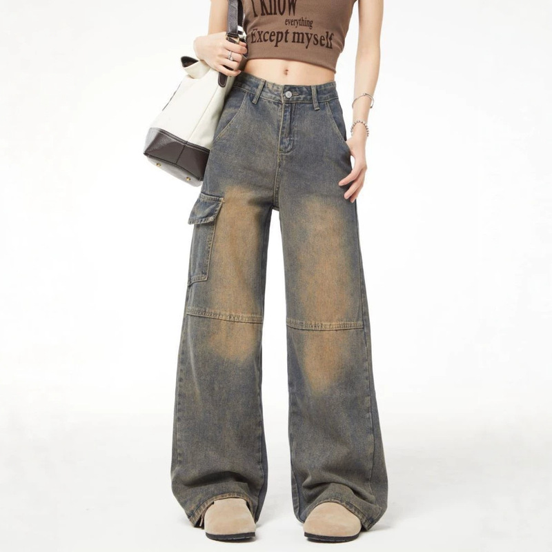 American retro distressed washed jeans, spring high street straight wide-leg pants, workwear casual trousers