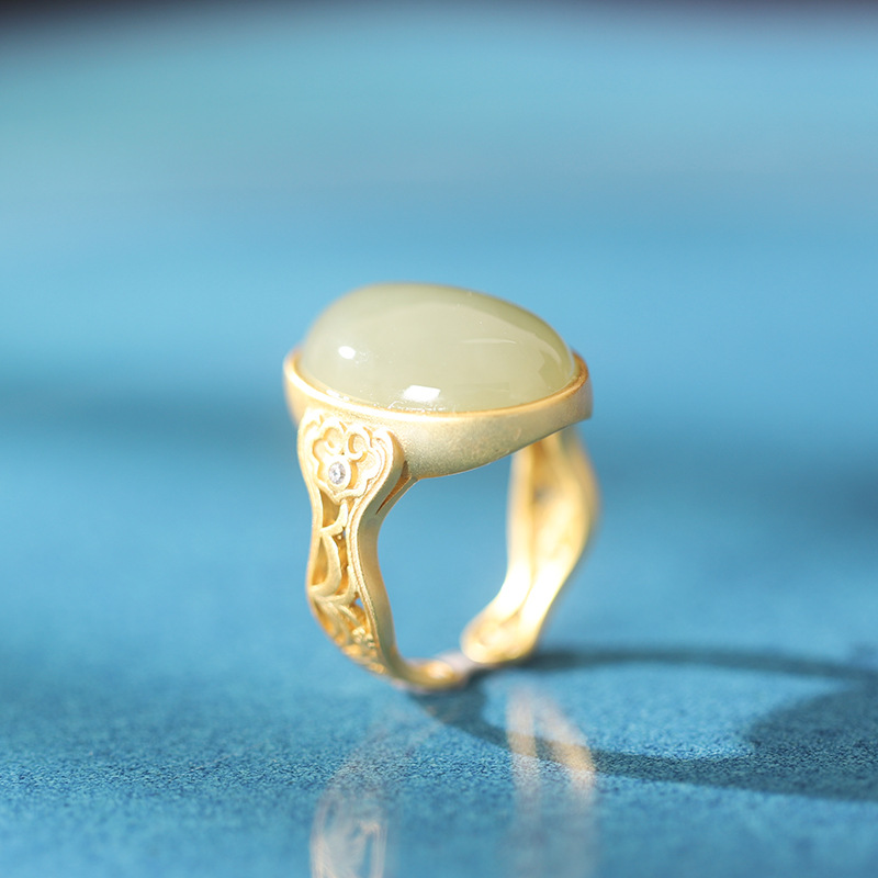 s925 silver gold-plated Hetian jade egg face auspicious cloud texture open ring