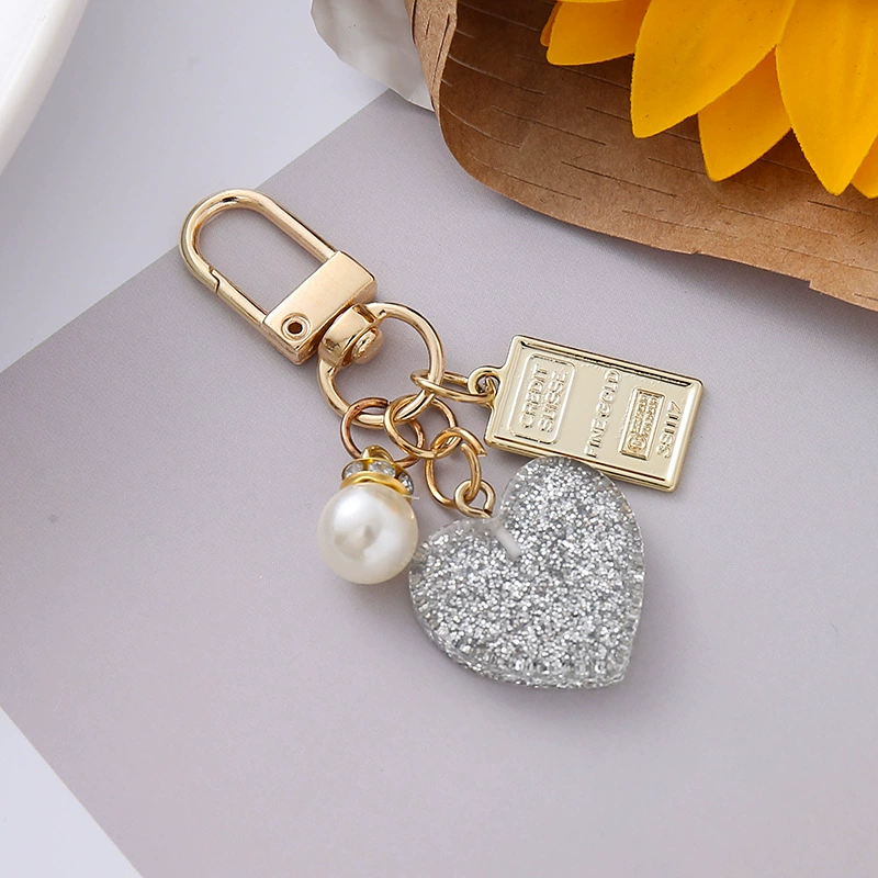 Keychain heart pendant, pearl charm, glitter coin tag, 7×3.5×1 cm, lightweight accessory