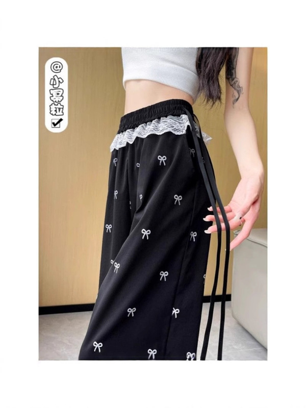 Douyin アメリカンハイウエストストレートパンツ、リボンレースステッチカジュアルレディースパンツ、ウエストゴム、ゆったりワイドパンツ|undefined