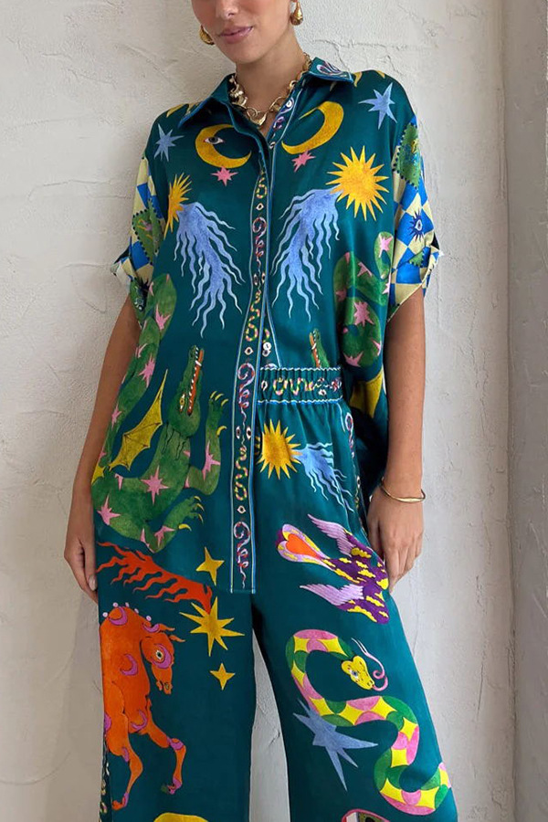 Summer Street Hipster Printed Shirt Trousers Two Piece Set Amplified craft