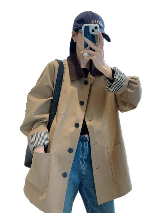 布拉格之秋100棉廓形小个子中长款风衣女撞色卡其色外套秋G072606|undefined