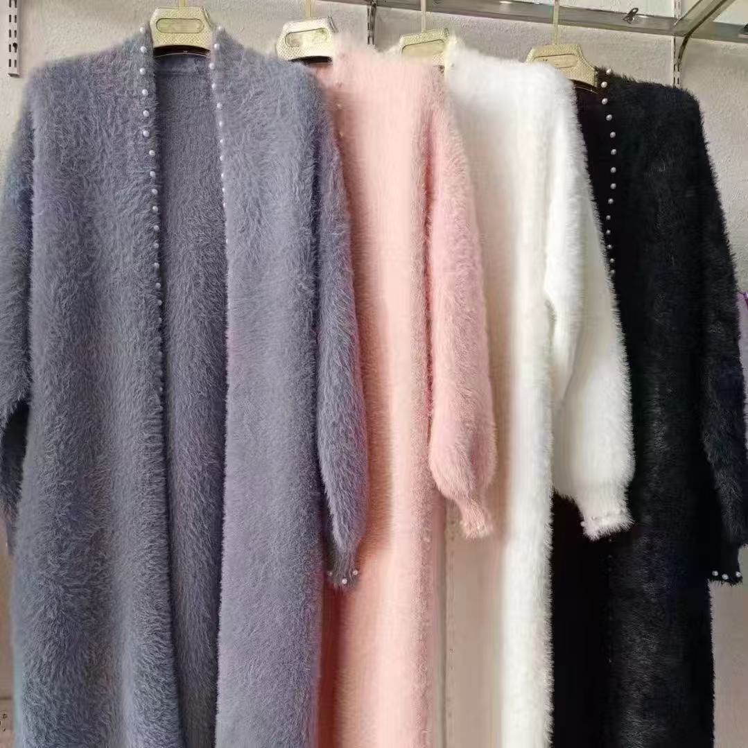 2025 New Cross-Border Imitation Mink Velvet Beaded Jacket for Women Autumn and Winter Korean Style Loose Long Lazy Style Sweater Cardigan