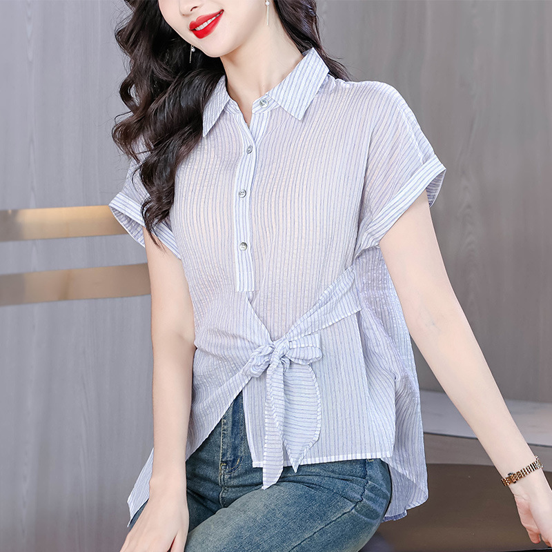 European and American Style 2025 Summer New Women's Design Sense Slimming All-match Waist Lace-up Details Texture Striped Shirt Trendy