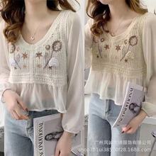 夏新款复古气质小清新刺绣宽松长袖雪纺衬衫女钩花镂空上衣防晒
