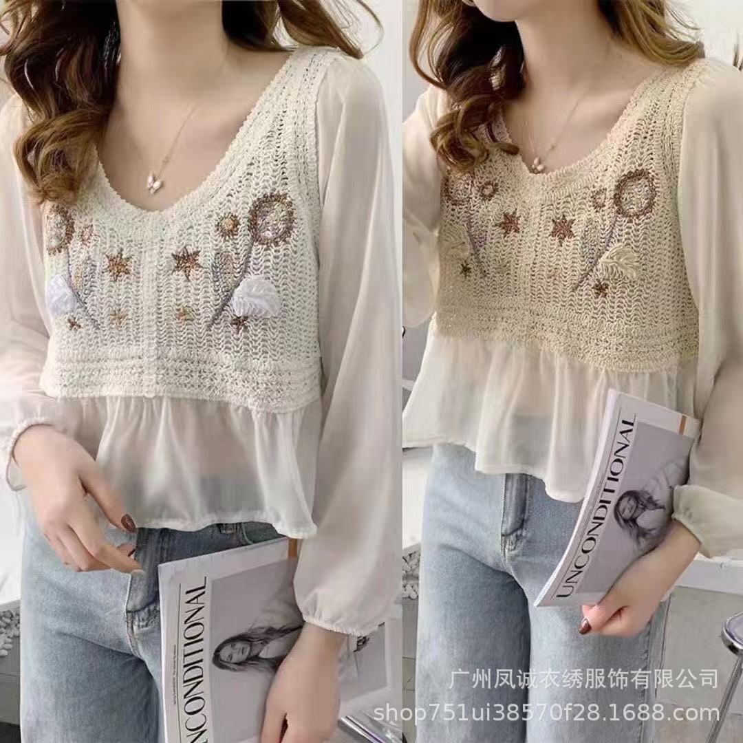 夏新款复古气质小清新刺绣宽松长袖雪纺衬衫女钩花镂空上衣防晒