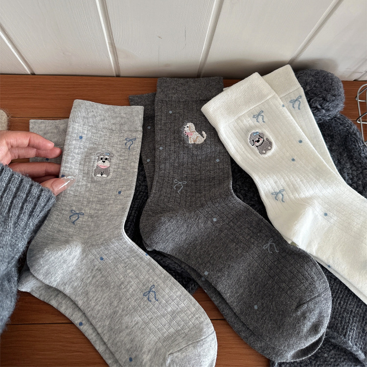 Cute Puppy Embroidered Socks for Women, Mid-Calf Socks, Korean Style Polka Dot Bow Slouch Socks, Japanese Style Cartoon Long Socks