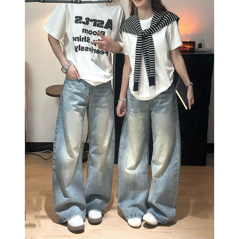 Summer new American-style cleanfit bamboo pattern jeans, vintage unisex loose straight-leg pants