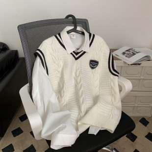 V-neck sweater vest men's spring and autumn fashion brand college style sleeveless waistcoat knitted vest outer sweater coat