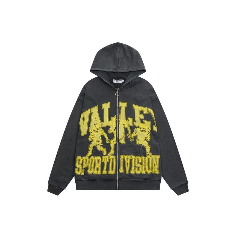 美式复古做旧连帽卫衣男 VALLEY刺绣橄榄球运动风拉链帽衫潮牌|undefined