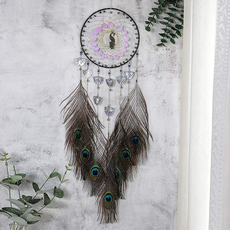 Transfronterizo pluma de pavo real Dream Catcher adornos campanas de viento tejidas a mano campana Dream Catcher colgante habitación decoración de la pared al por mayor
