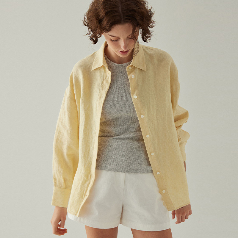 [Clearance Sale] 100% Linen Side Slit Shirt for Women French Style Casual Loose Top Jacket Loose Shirt