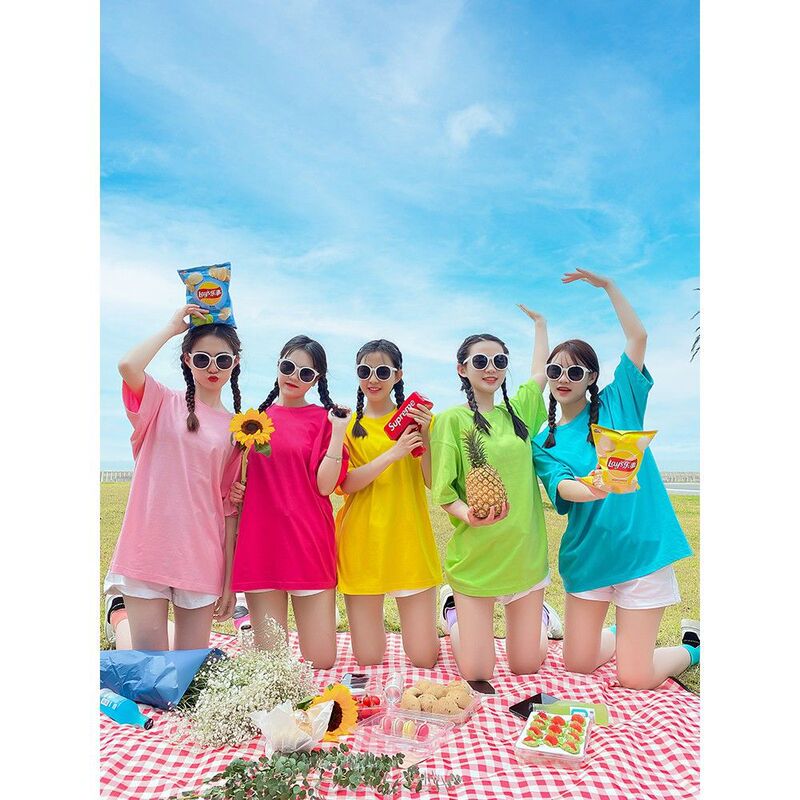 Candy color T-shirt women's solid color loose color short sleeve Summer Sisters dress bridesmaid dress morning gown group class clothes girlfriends wear
