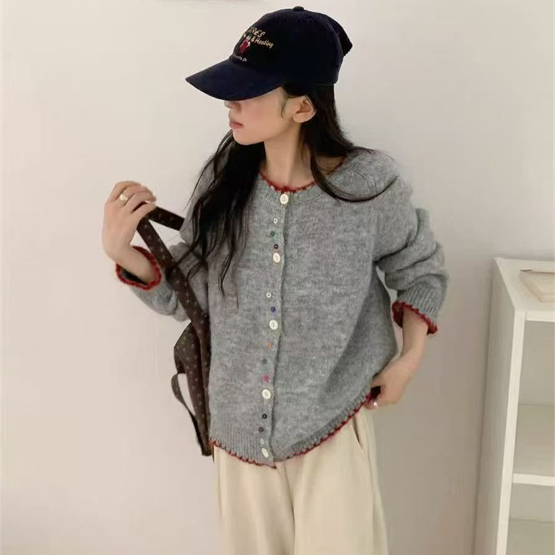 韩系撞色设计感针织衫女2025秋季新款圆领不规则彩扣小众毛衣外套|undefined