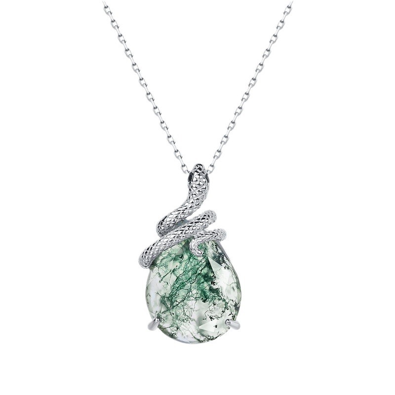 Colgante de piedra de musgo verde natural enrollado por serpientes espirituales transfronterizas Colgante de ágata de hierba con incrustaciones de plata S925 femenino Estilo europeo y americano