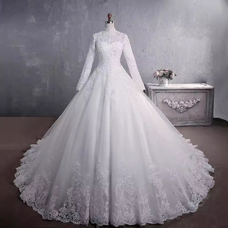 New Style European and American Lace Wedding Dress with Stand Collar, Long Sleeves, Long Train, Plus Size, Factory Ready Stock New Style European and American Lace Wedding Dress with Stand Collar, Long Sleeves, Long Train, Plus Size, Factory Ready Stock