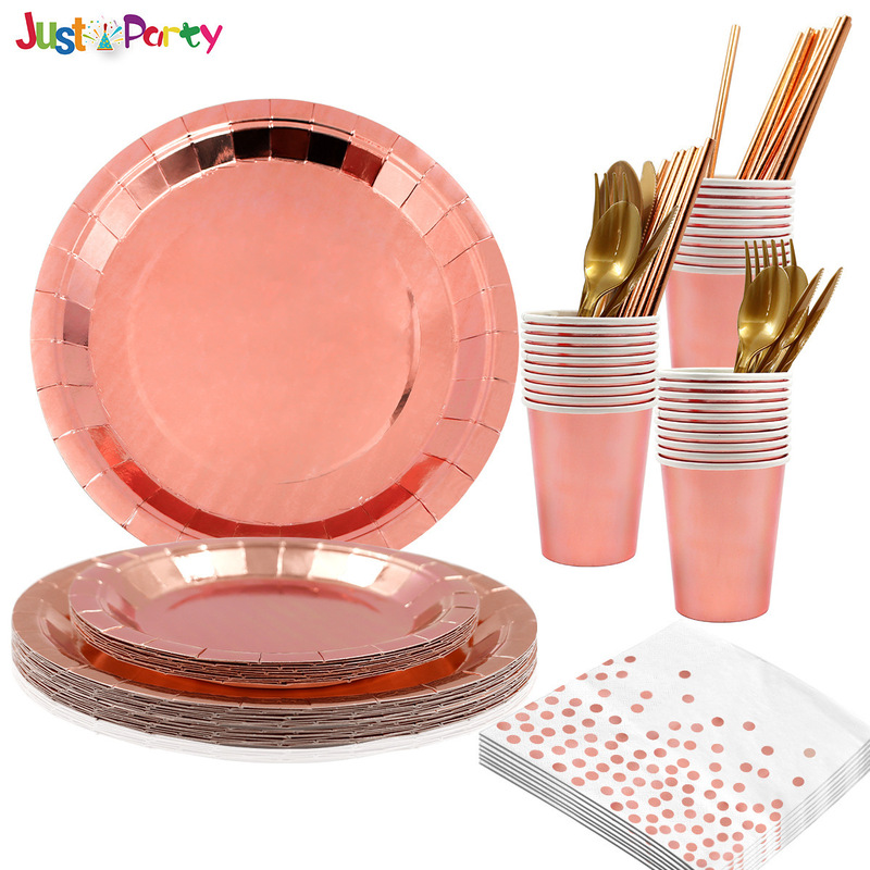 In stock wholesale rose gold disposable tableware suit paper cup paper plate knife fork spoon birthday party venue supplies